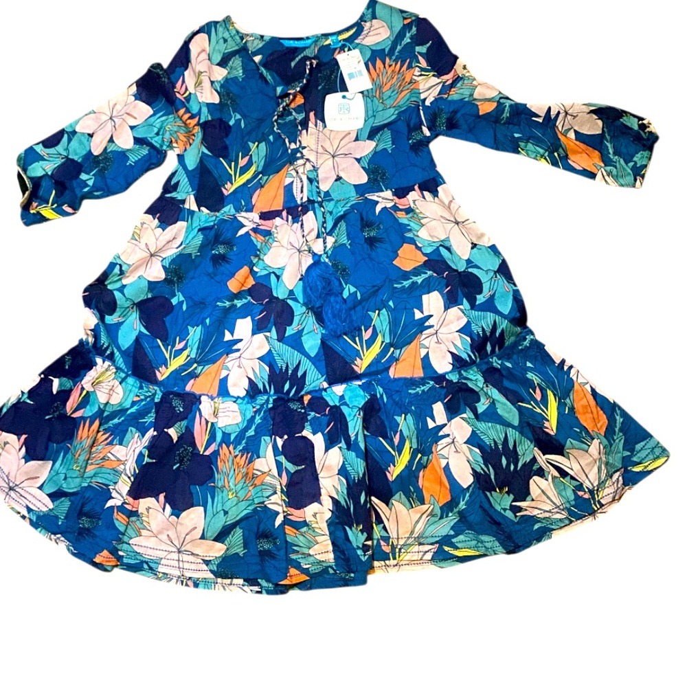 Tori Richard Blue and White Casual Tiered Sundress with Flutter Sleeves size S